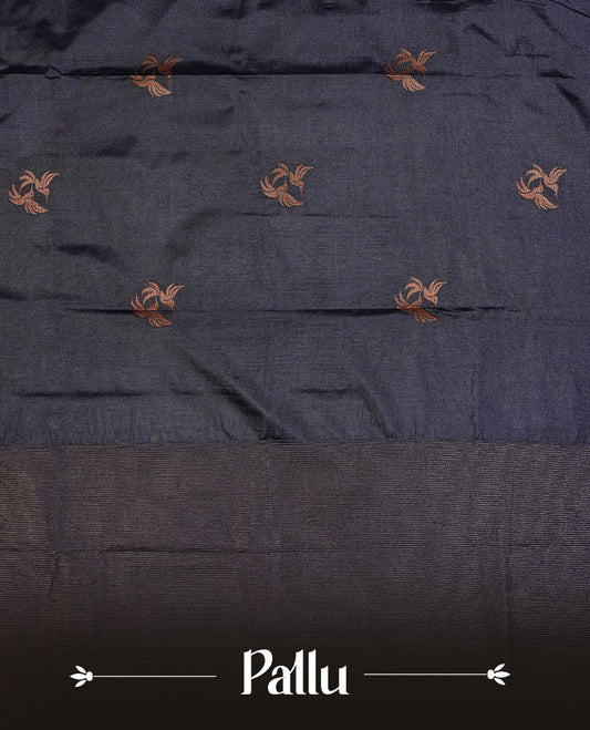 Navy blue colour semi banaras tussar silk saree highlighting gold zari bird motifs on body, complemented by self colour with antique zari border, paired with matching blouse piece.