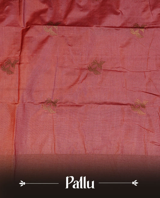 Mauve colour semi banaras tussar silk saree highlighting gold zari bird motifs on body, complemented by self colour with antique zari border, paired with matching blouse piece.