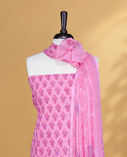 Pink Colour Salwar Material Featuring Thread & Hokoda, Mango print Work On Body, paired with matching bottom & Dupatta.
