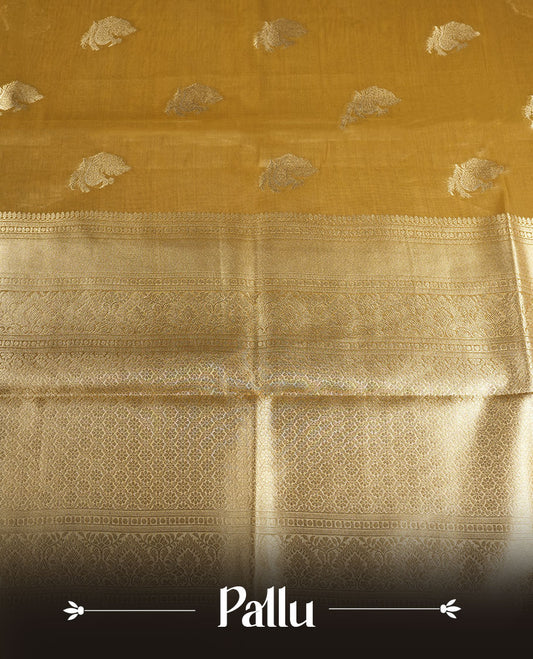 Gold colour tissue brocade saree featuring all-over zari floral motifs on the body, a rich traditional zari border and an intricately woven pallu, paired with a matching blouse piece.
