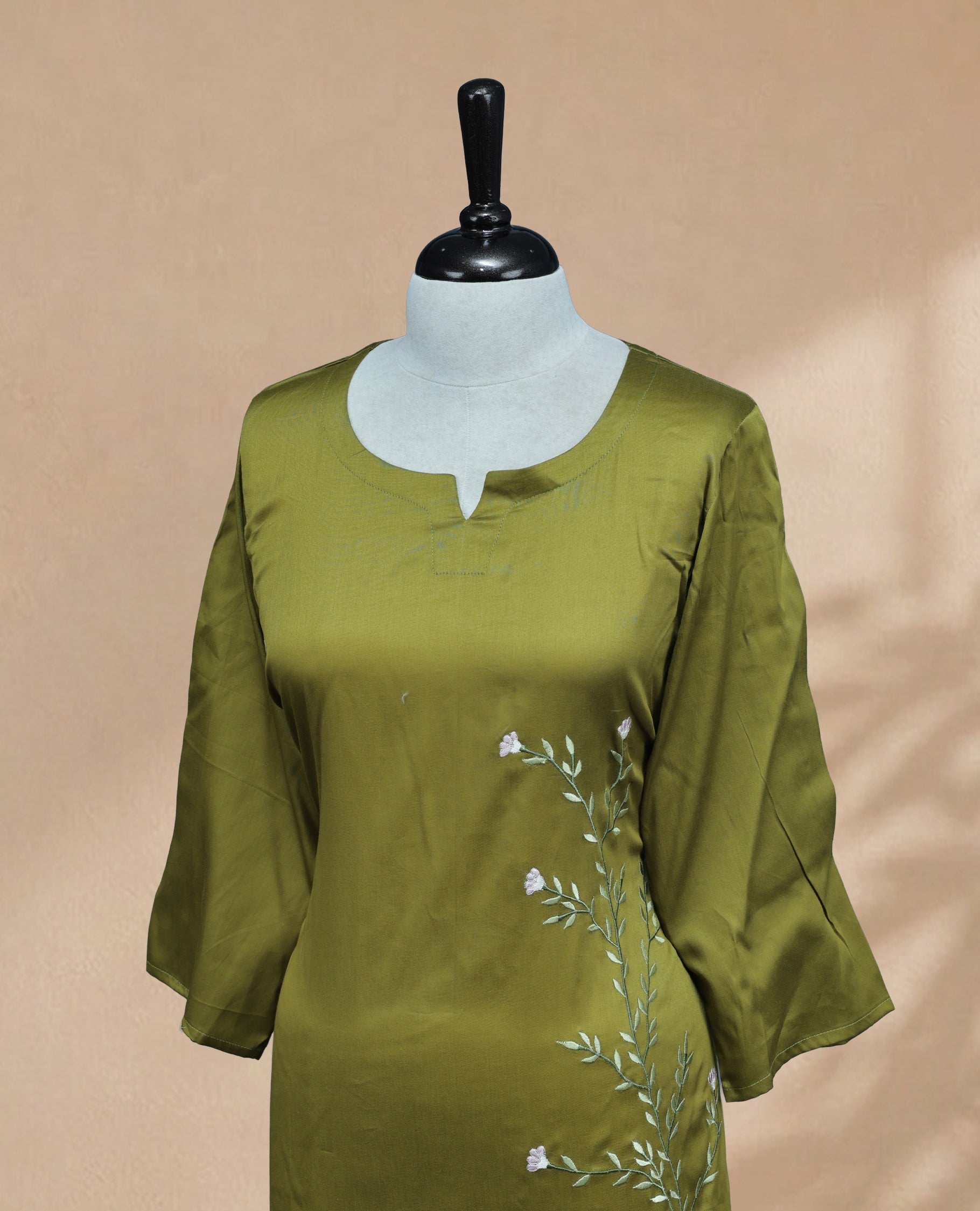 Olive Colour Kurti Featuring U-Shaped Neckline, delicate  floral vine embroidery Work On Body & Sleeve