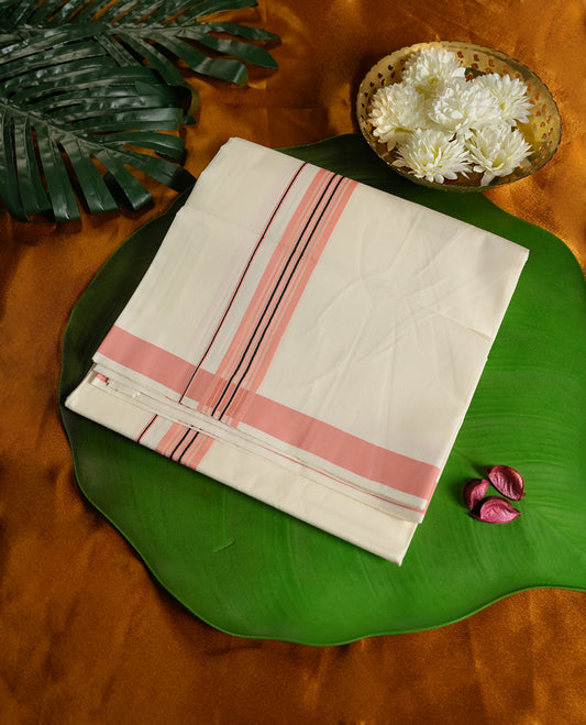 Cream colour cotton dhoti featuring a soft texture with a subtle peach border highlighted by fine black stripes, offering a classic yet stylish traditional look perfect for rituals, festive wear, and special occasions.