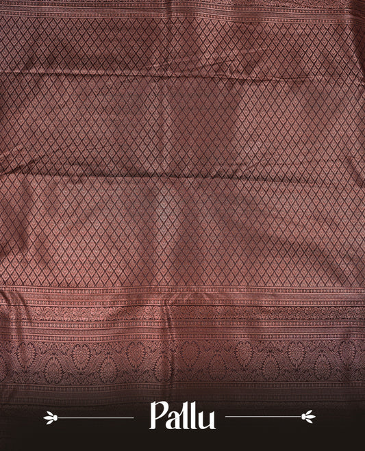 Chocolate Colour Semi Wedding Silk Saree Featuring Gold Zari Checks With Buttas, Showcased with self colour With Traditional Border,  Paired With Matching Blouse Piece.
