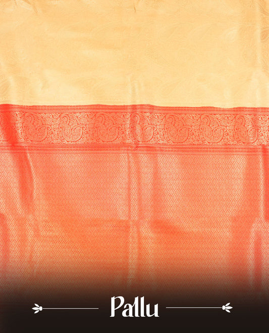 Cream colour semi silk brocade saree featuring intricate light Gold Floral kodi and leaf patterns across the body, complemented by a contrast red colour woven border and pallu, paired with a matching blouse.