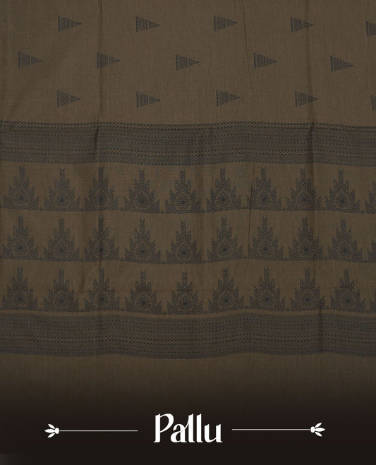 Dark olive brown poly cotton saree with black temple motifs on the body, paired with a matching pallu with black woven traditional border, and a coordinated all‑over geometric printed blouse piece.