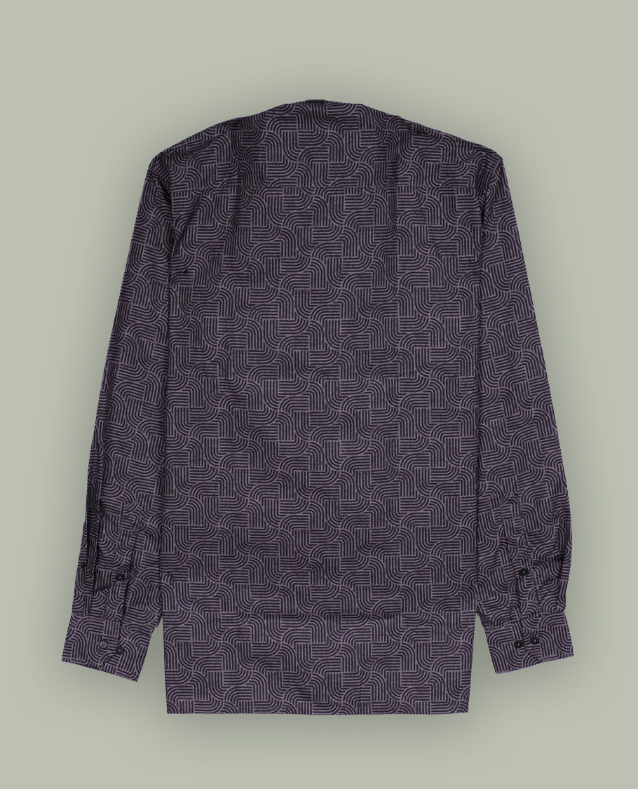 Dark purple colour shirt with a geometric pattern, featuring a classic spread collar and full sleeves, Made from premium fabric for comfort and durability.