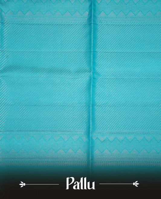 Aqua & teal colour soft silk saree featuring gold zari motifs on body, complemented by self colour with traditional border with tassel at pallu, paired with matching blouse piece.