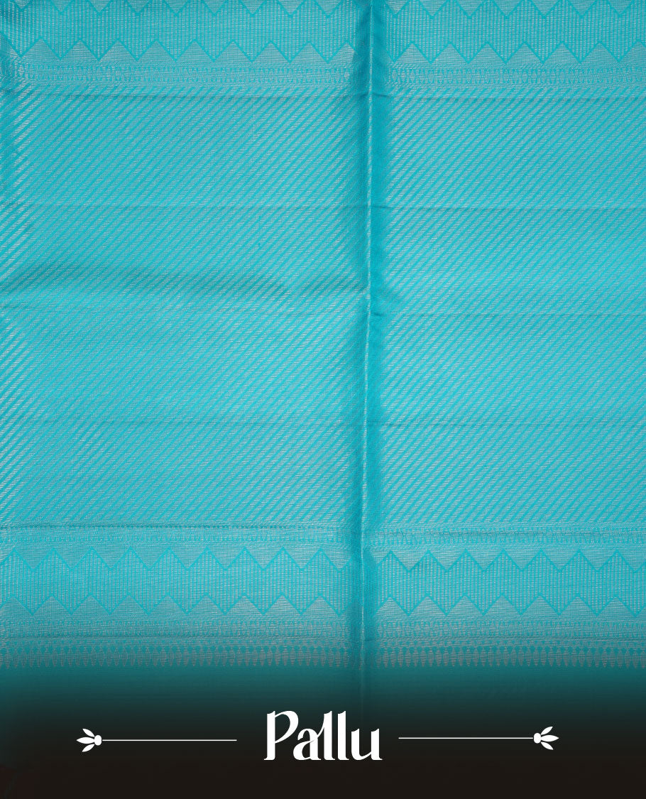 Aqua & teal colour soft silk saree featuring gold zari motifs on body, complemented by self colour with traditional border with tassel at pallu, paired with matching blouse piece.
