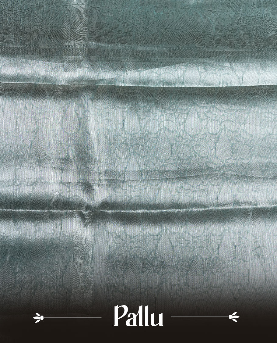 Light blue colour Pure banaras tissue silk saree featuring Silver zari brocade design across body, with silver zari brocade border, finished with a matching blouse.