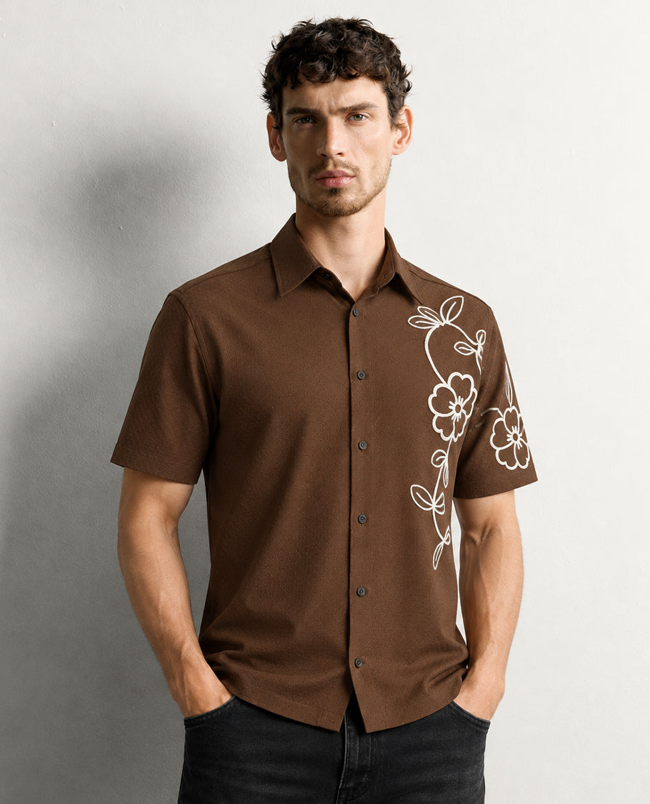 Brown colour shirt with Cream colour patterned body, Half sleeve.