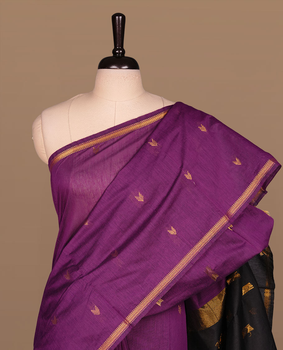 Purple colour Maheshwari cotton saree features elegant gold zari motifs across the body, a classic gold zari border, a striking contrast pallu, and a matching blouse piece.
