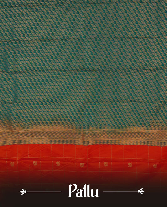 Orange colour semi silk saree highlighting gold zari box pattern  and motifs across body, featuring contrast green colour border with gold zari pattern, comes with matching blouse .