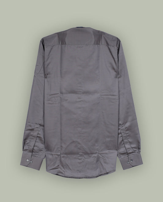 Grey colour satin shirt with a smooth, lustrous finish, Features a classic collar, full sleeves with cuffs, and a front pocket & Perfect for evening wear or special occasions with a sleek, polished look.