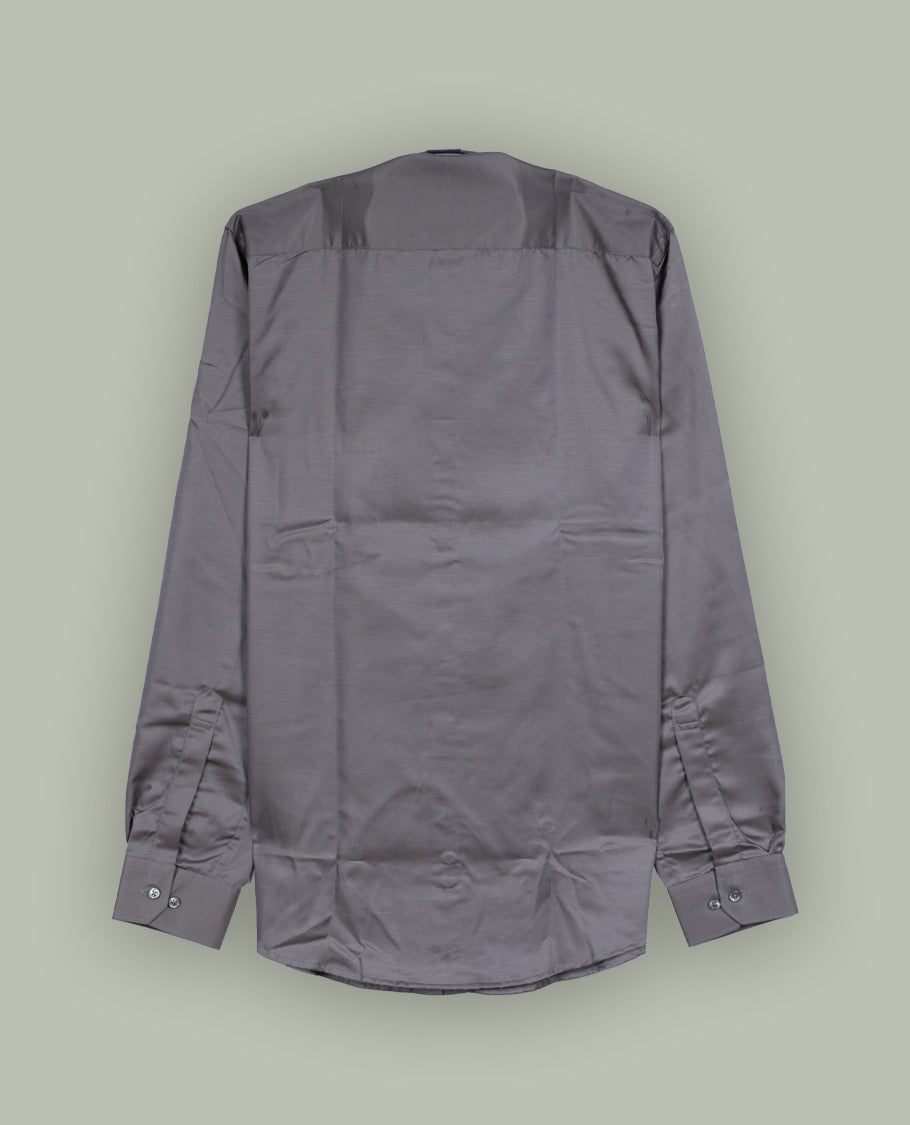 Grey colour satin shirt with a smooth, lustrous finish, Features a classic collar, full sleeves with cuffs, and a front pocket & Perfect for evening wear or special occasions with a sleek, polished look.