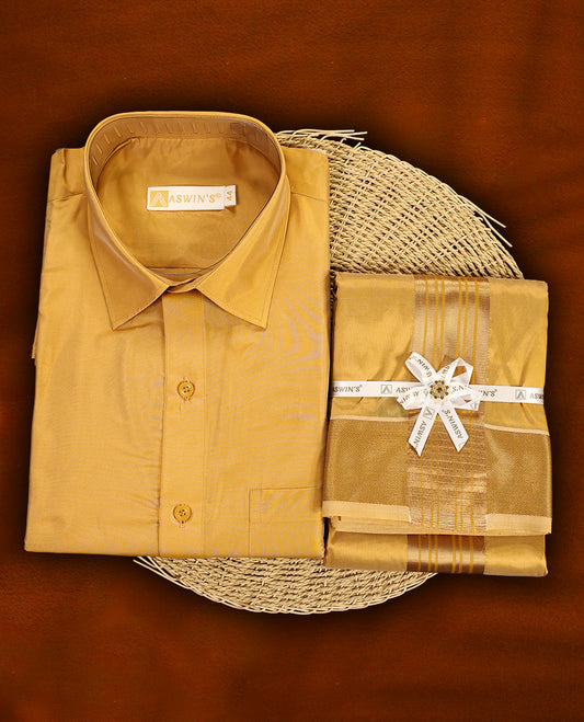 Gazel colour Aswin’s wedding set featuring a lustrous silk finish full sleeve shirt, paired with a matching dhoti and angavastram adorned with rich golden zari work, perfect for traditional celebrations.