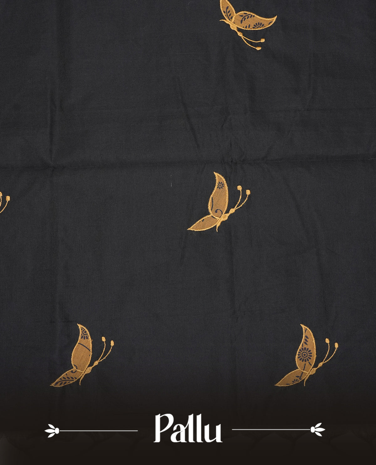 Black Polycotton Saree featuring elegant Butterfly ajrakh designs on the body, complemented by a matching pallu & Paired with a contrasting mustard printed blouse piece