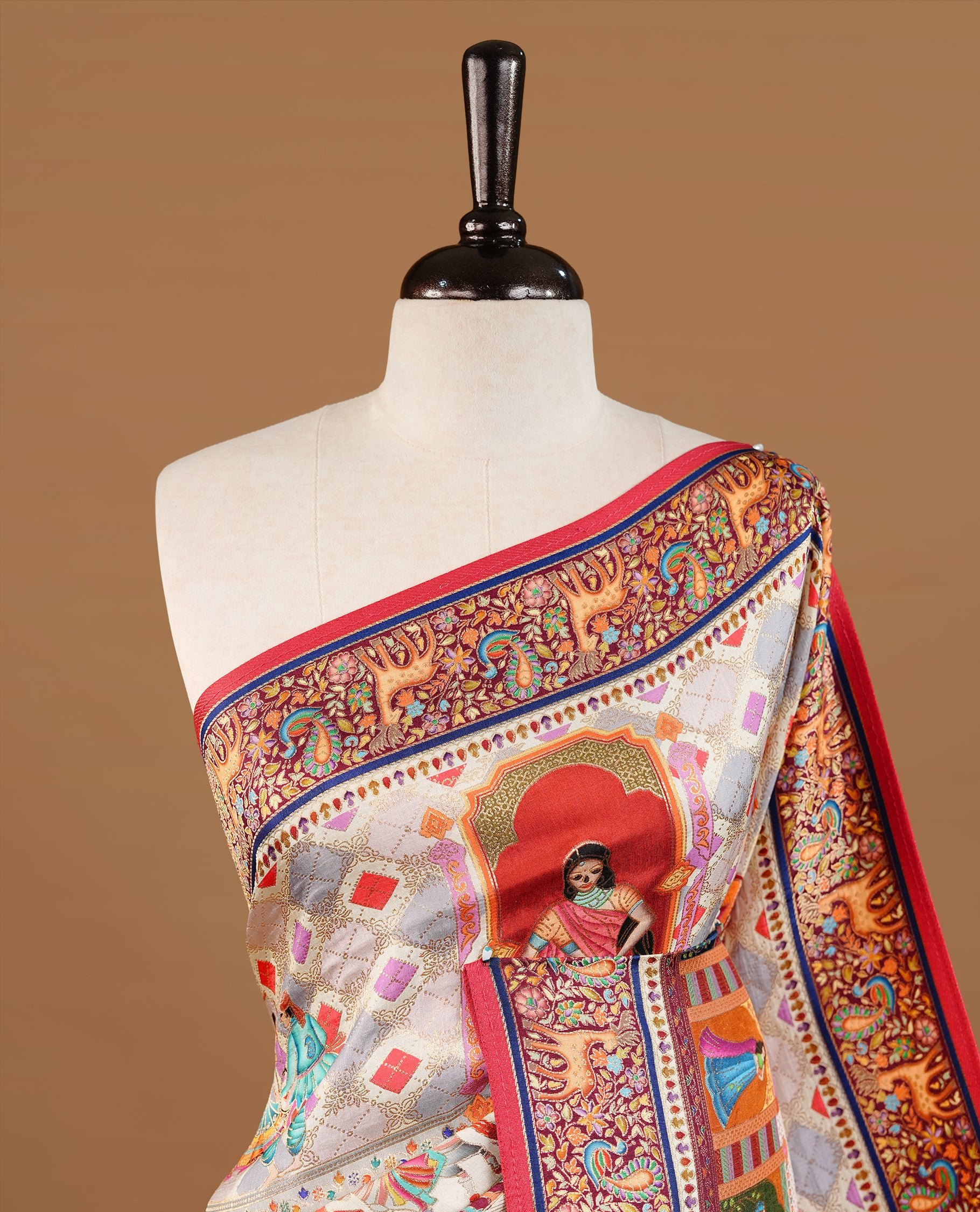 Off White colour Pashmina Saree featuring intricate heritage inspired woven palace motifs, enhanced with a contrast multicolour woven border and a richly detailed traditional pallu, paired with a matching blouse piece.
