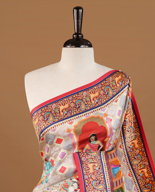Off White colour Pashmina Saree featuring intricate heritage inspired woven palace motifs, enhanced with a contrast multicolour woven border and a richly detailed traditional pallu, paired with a matching blouse piece.