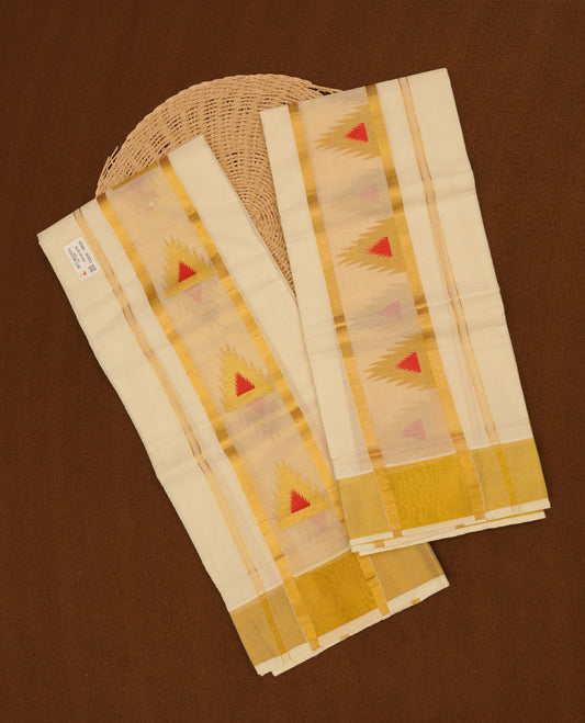 Off white colour cotton set mundu highlights gold zari border featuring pattern across border (2.00/2.80 MTS)
