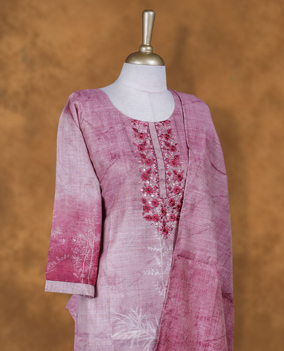 Pink colour churidar set featuring thread embroidery on U neckline, sleeves, and printed pattern on body , Paired with a matching dupatta