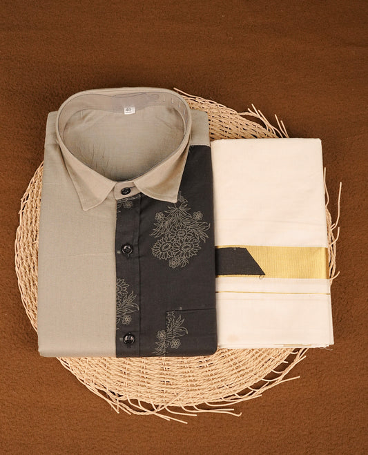 Black & grey colour shirt featuring Floral Pattern printed body, paired with cream colour double dhoti featuring Gold zari with Same Pattern border.
