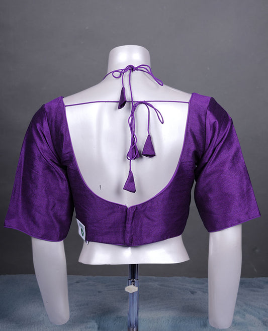 Purple colour colour silk padded readymade blouse with elbow-length sleeves, a V-neck front, and a deep U-back with tie-up dori.