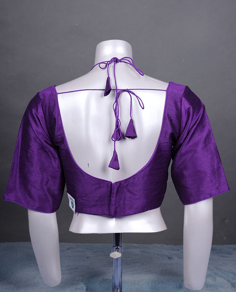 Purple colour colour silk padded readymade blouse with elbow-length sleeves, a V-neck front, and a deep U-back with tie-up dori.