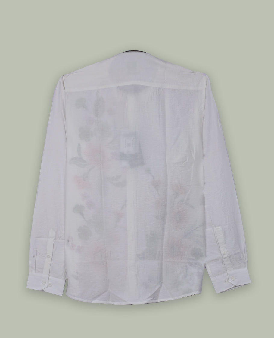 Off white colour full sleeve shirt features a rounded spread collar and a watercolor style floral print in orange, majenta, and green & its ideal for both casual days and laid back evenings.