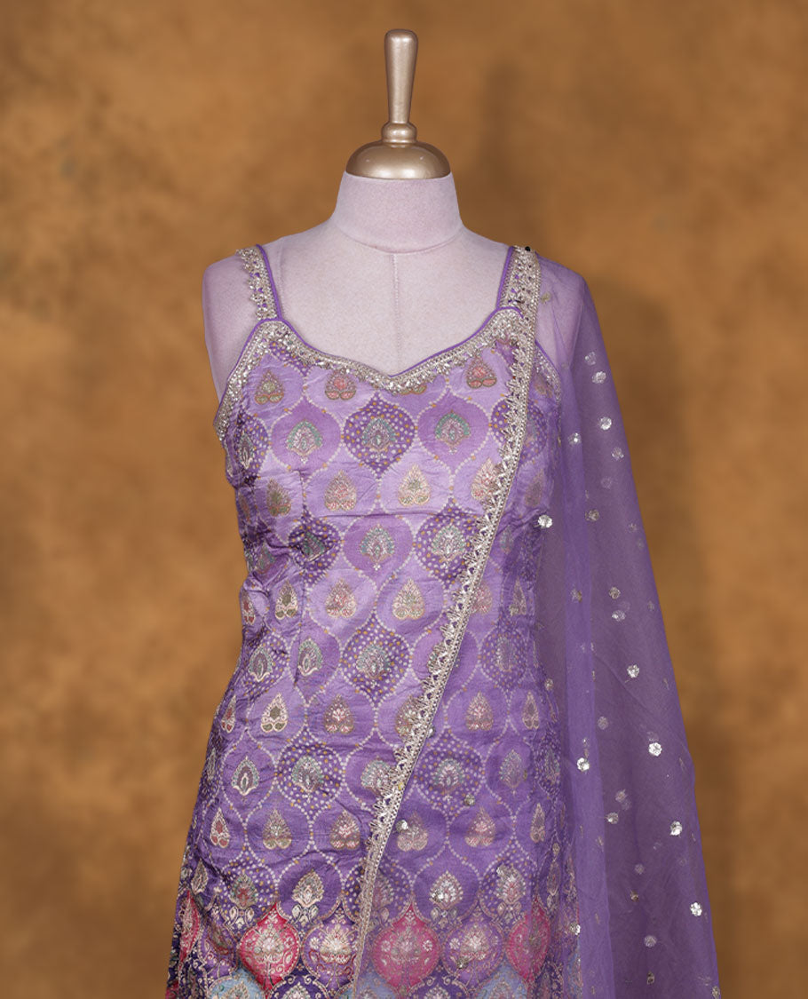 violet colour sharara set adorned with intricate light gold embroidery and sequins work & The fitted embellished top pairs beautifully with the flared bottoms and matching dupatta.