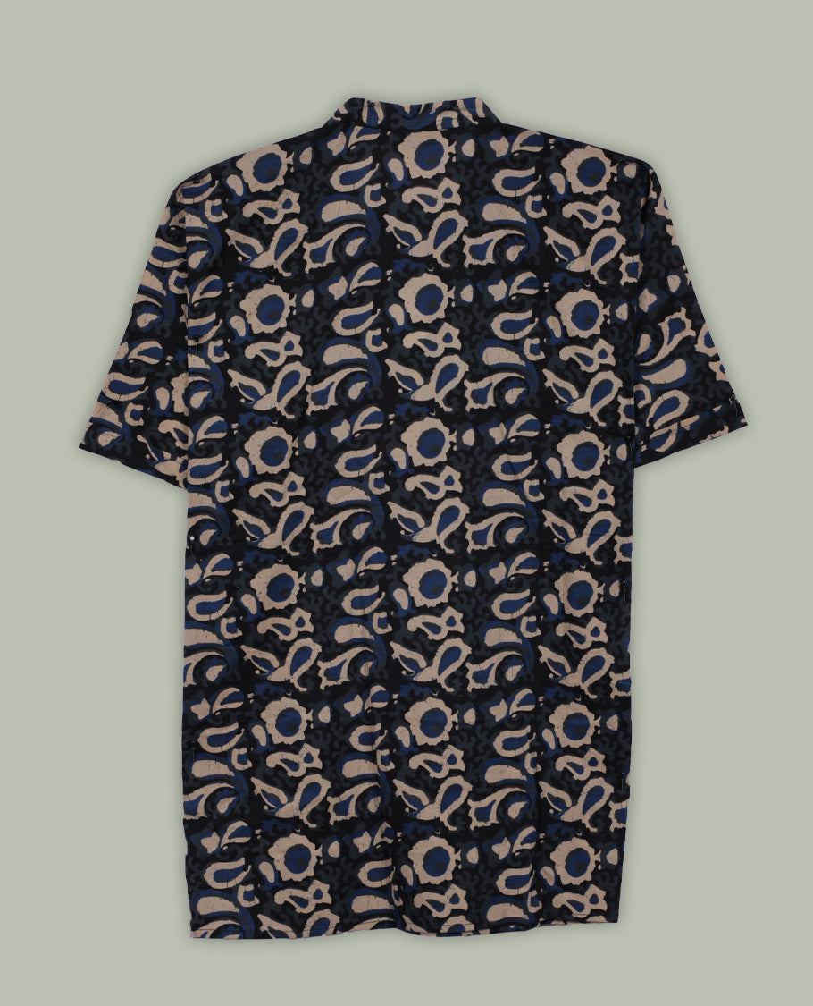 Black colour shirt with beige and blue abstract print, featuring a chinese collar & short sleeve , wooden buttons on a half placket & A perfect blend of comfort and style for casual or evening wear.