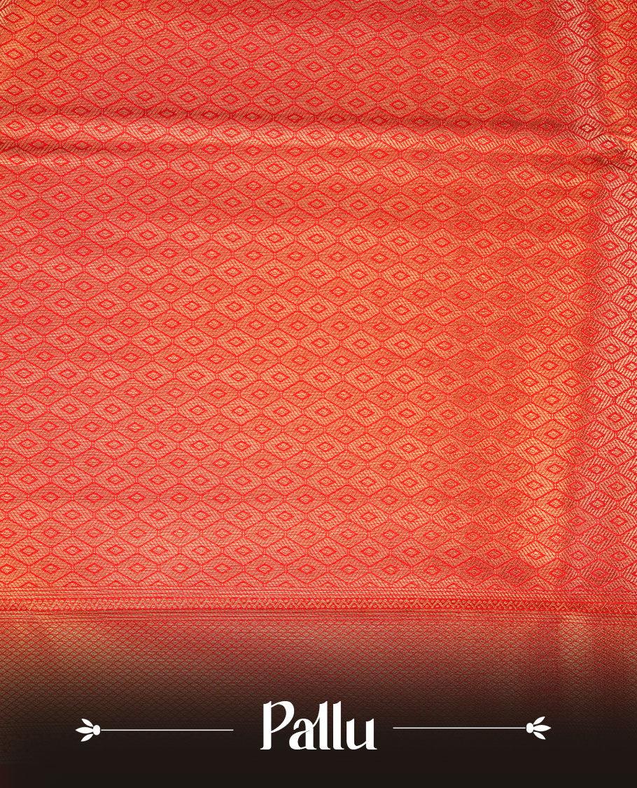 Red colour semi soft silk brocade saree  featuring an all-over geometric woven body, finished with a finely detailed traditional border and a coordinated blouse.