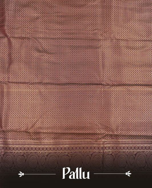 Chocolate Brown Colour Semi Wedding Silk Saree Featuring Gold Zari Checks With Buttas, Showcased with self colour Orange pipping With Traditional Border,  Paired With Matching Blouse Piece.