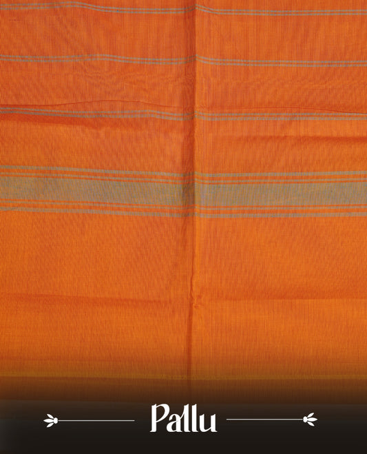 Orange colour chettinad cotton saree featuring Elegant plain body,contrast Maroon colour with Gold zari border, comes with matching blouse piece.