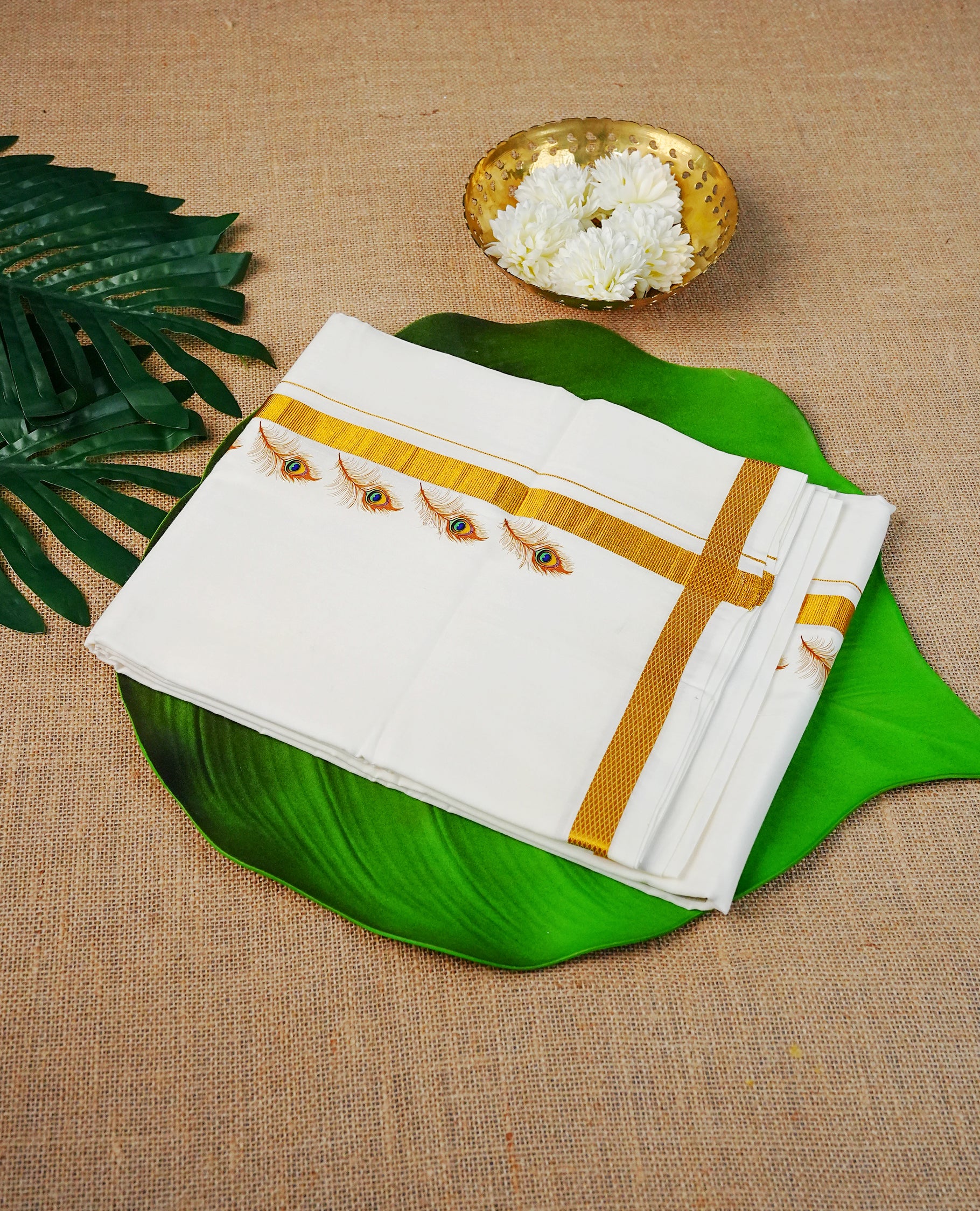 Cream Colour Cotton Double Dhoti Finished With A Classic gold zari kasav & Peacock feather Digital print kara .
