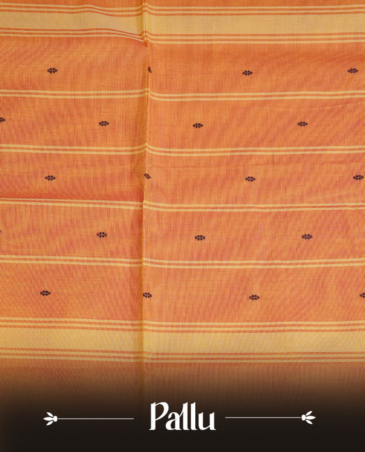 Mustard Colour Chettinad Cotton Saree Featuring Elegant plain Body, Complemented by a Maroon Border with gold zari strips & Peacock pattern, Paired with a Matching Blouse Piece.