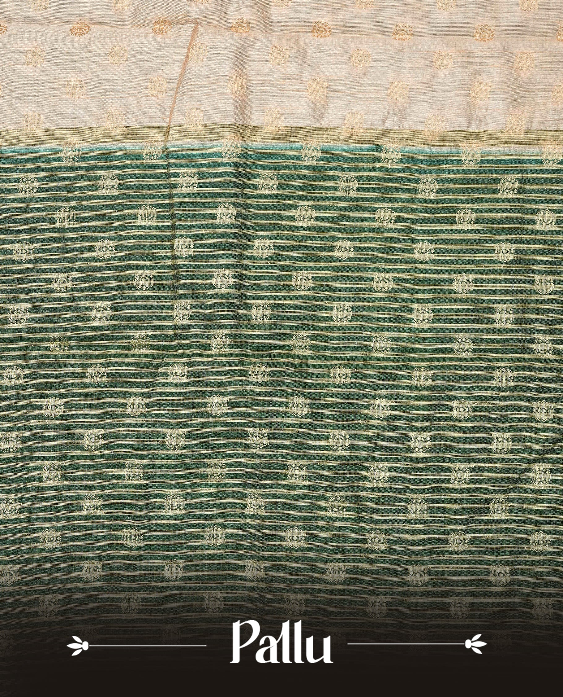 Light Gold Tussar saree featuring Gold zari buttas on body, complemented by contrast dark green Colour with Gold zari border, comes with matching blouse piece.