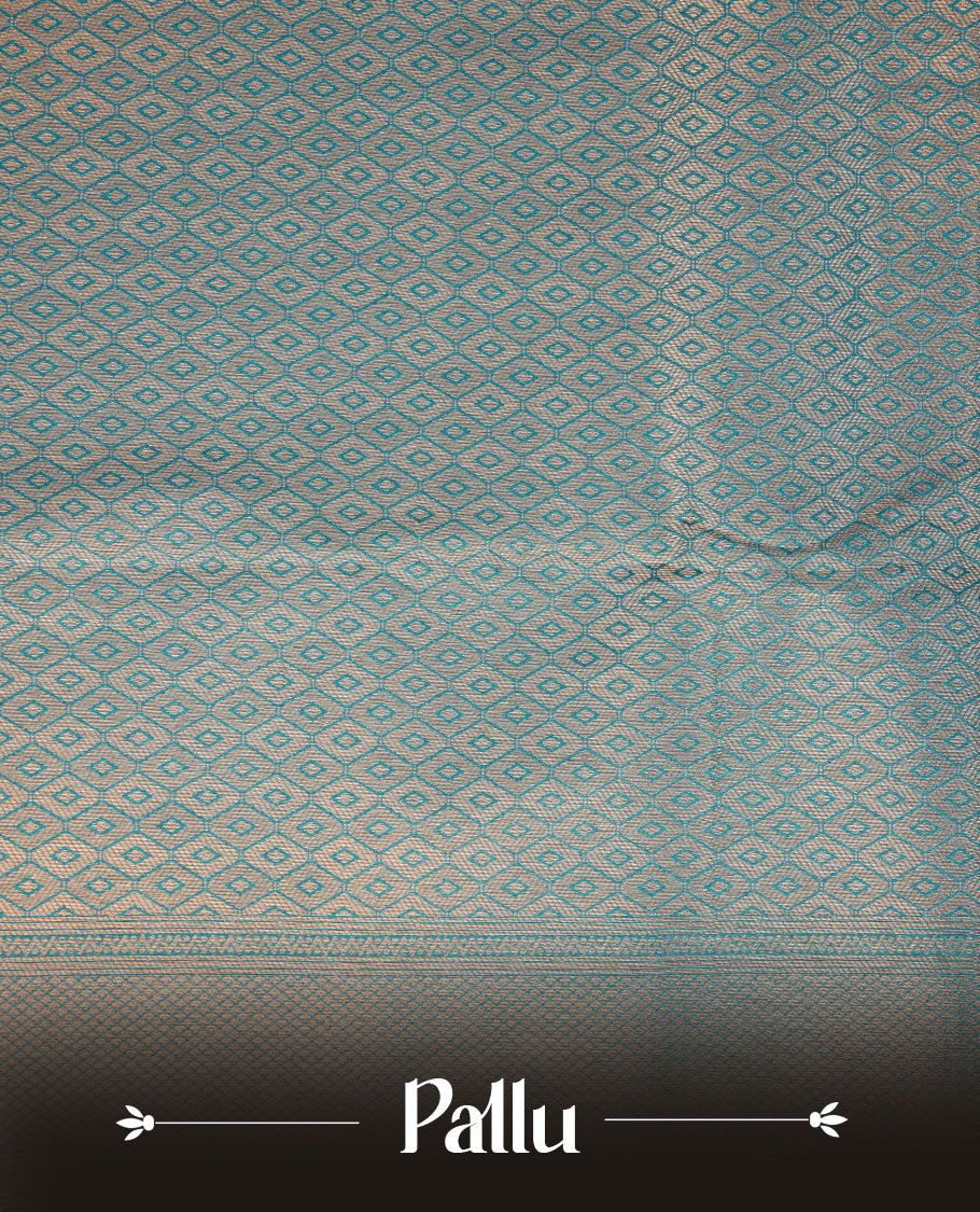 Teal blue colour semi soft silk brocade saree featuring delicate gold woven motifs across the body, enhanced with a self-colour intricately designed border and pallu, paired with a matching blouse piece.