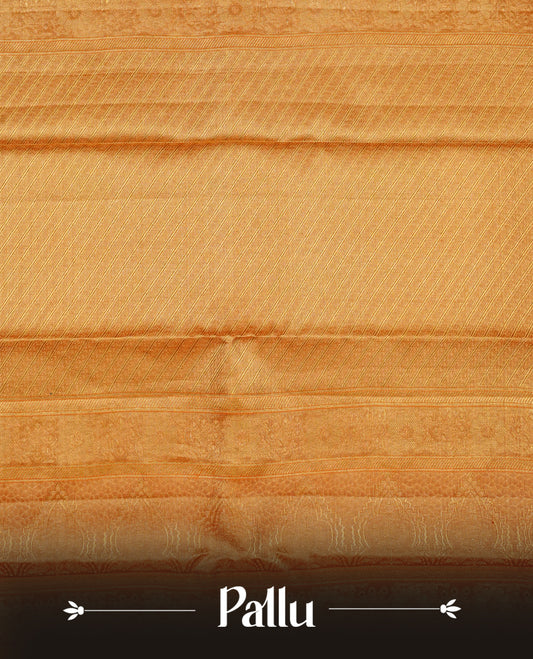 Orange & Gold double shade colour Tissue silk saree featuring gold motifs on body, complemented by self colour with Gold Zari border, comes with matching blouse piece.