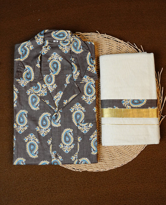 Olive Grey Colour Half-Sleeve Leaf Printed Shirt,Paired with a Cotton Double Dhoti Featuring Matching Prints