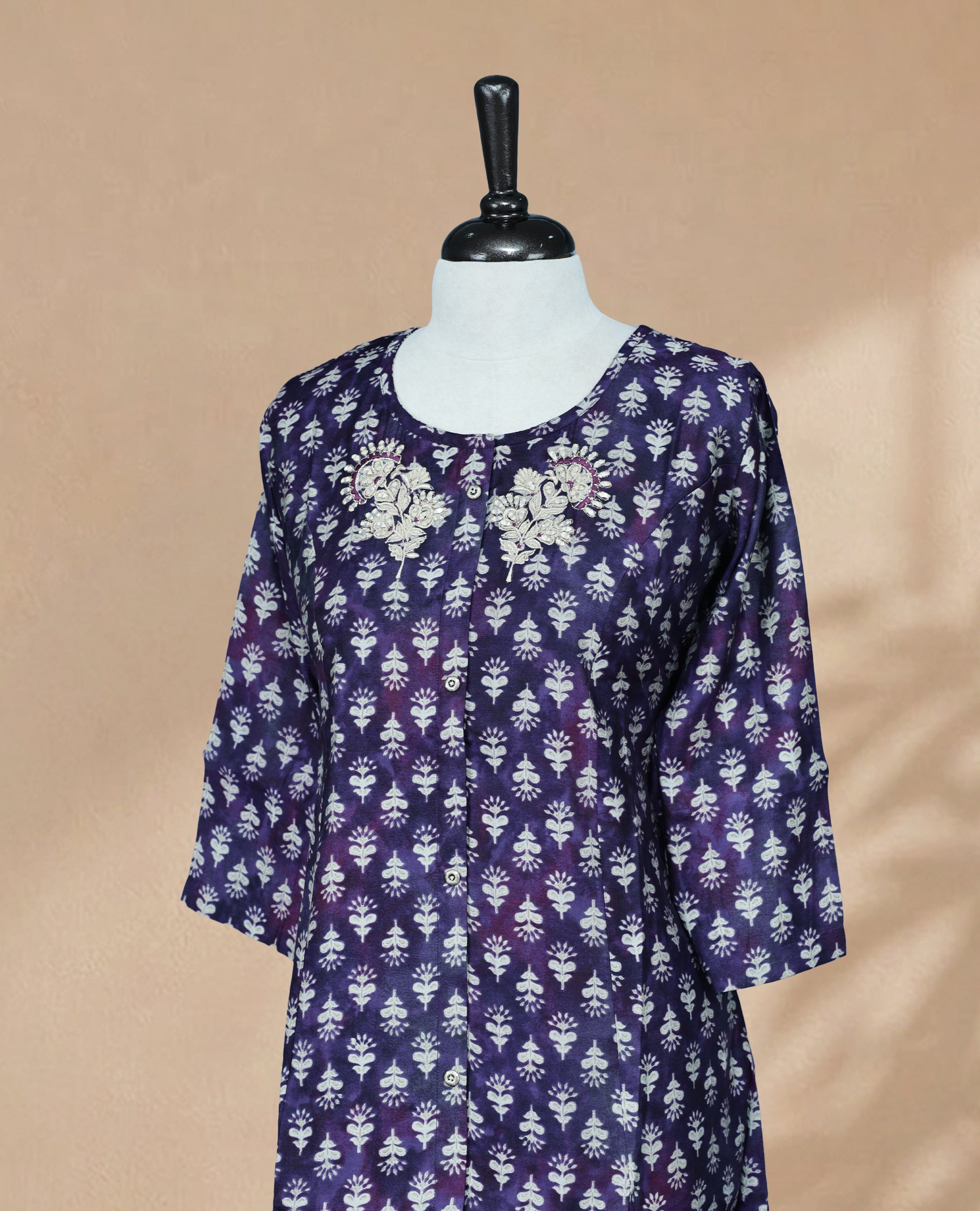 Purple Colour Kurti Featuring Digital Prints An Buttons On Body ,Embroidery & Mirror Work On Neck Yock ,Round Neckline & 3/4 Sleeves