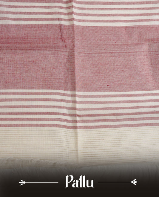 White colour chettinad cotton saree Featuring Gold zari Strips on body, complemented by contrast Maroon colour with zari border, comes with matching blouse piece.