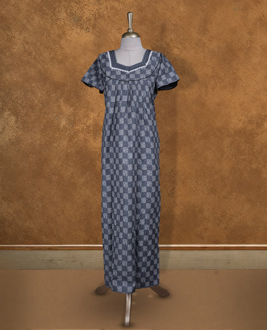 Ashy blue colour NStyle nighty featuring Cream Leaf patterns, a Diamond neckline and thread border, short sleeves, and a full ankle-length design.