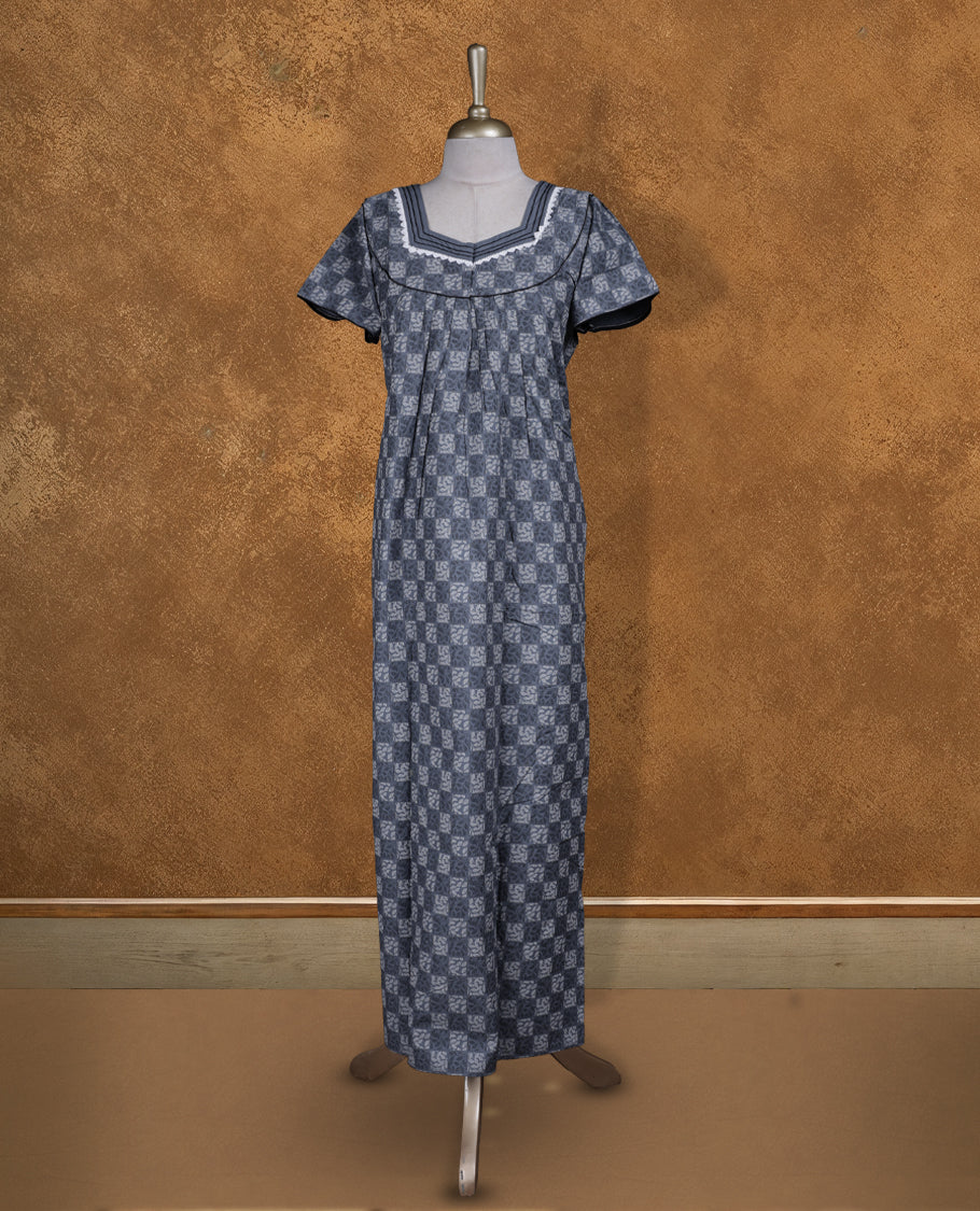 Ashy blue colour NStyle nighty featuring Cream Leaf patterns, a Diamond neckline and thread border, short sleeves, and a full ankle-length design.