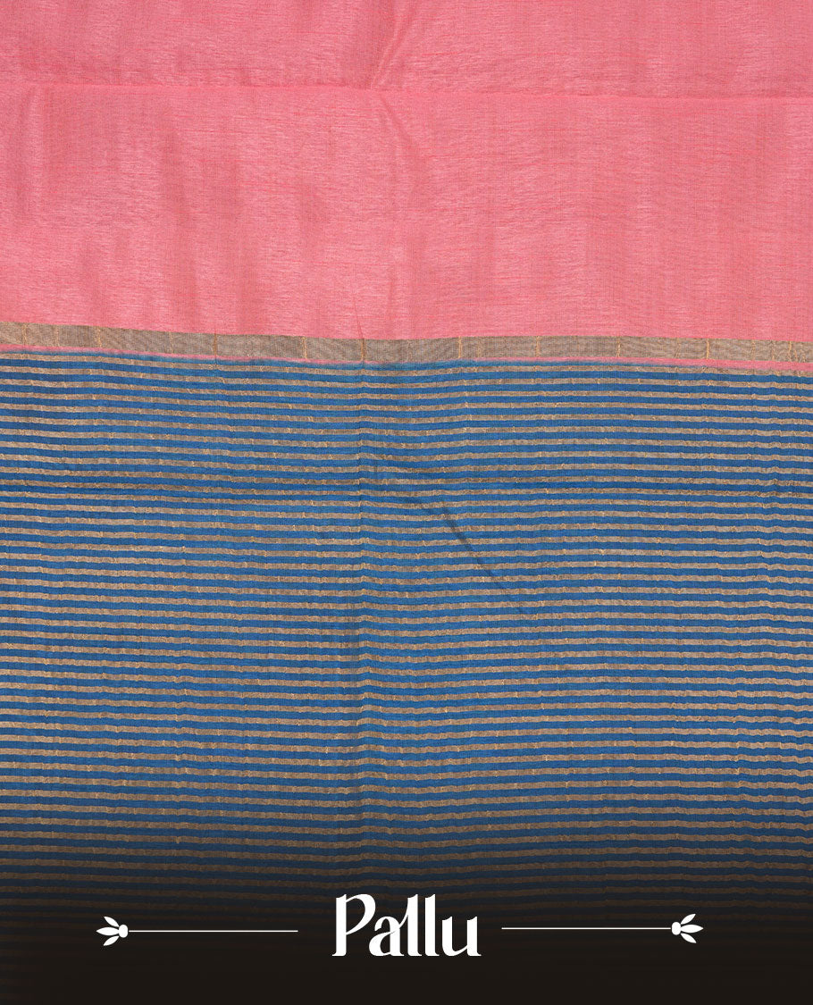 Pink colour semi tussar saree featuring elegant plain body, contrast Blue colour gold zari border and comes with matching blouse piece.