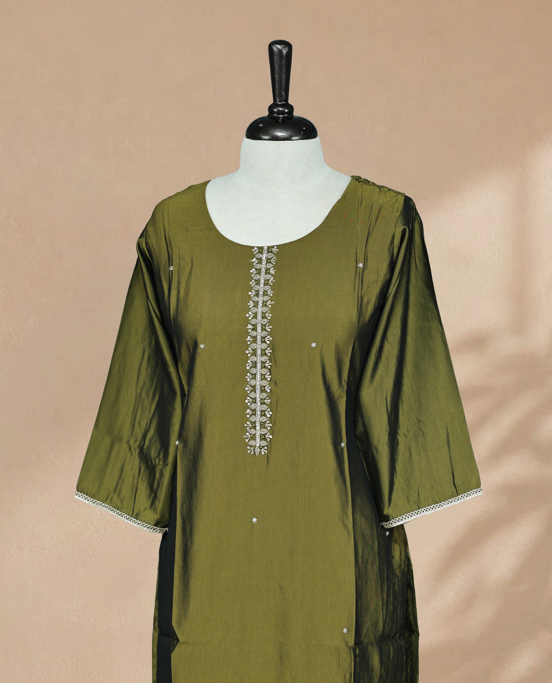 Dark Olive Colour kurti Featuring Bead & Stone Work On Neck Yoke ,Stone Work On Body ,Round-Shaped Neckline & 3/4 Sleeves