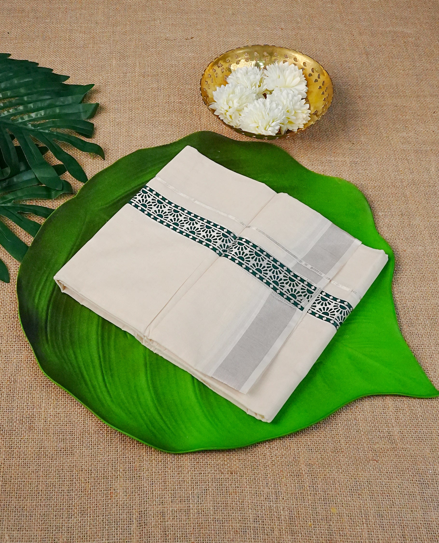 Cream Colour Cotton Double Dhoti Finished With A Classic Green Design Pattern On Silver Zari Kara