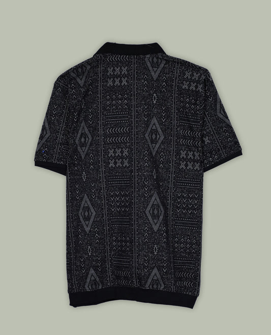 Black colour T shirt adorned with stylish geometric prints, featuring a smart shirt collar and comfortable short sleeves for a modern casual look.