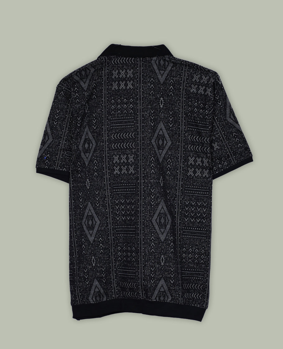 Black colour T shirt adorned with stylish geometric prints, featuring a smart shirt collar and comfortable short sleeves for a modern casual look.