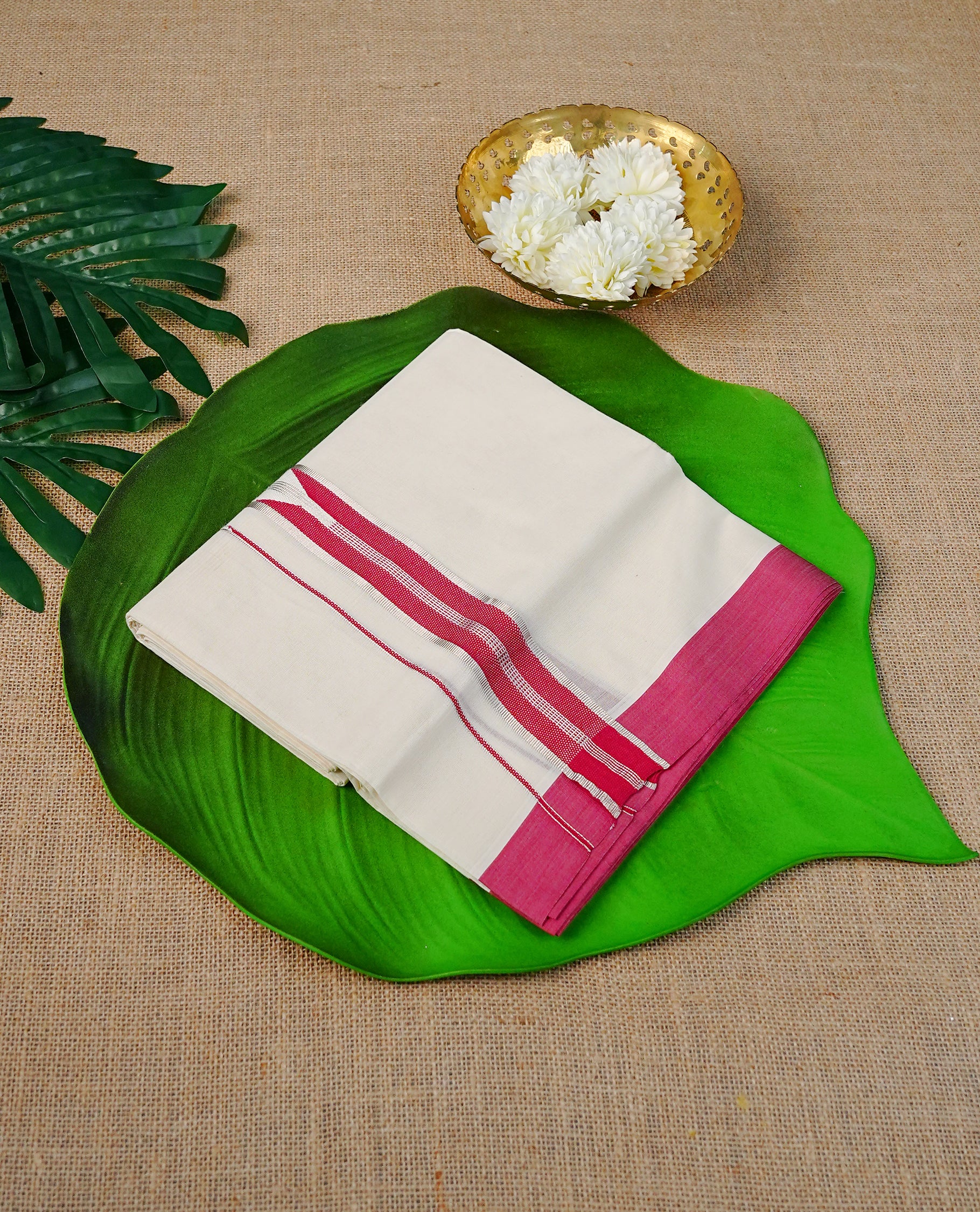 Cream Colour Cotton Double Dhoti Finished With A Classic Silver Zari with Magenta design Kara