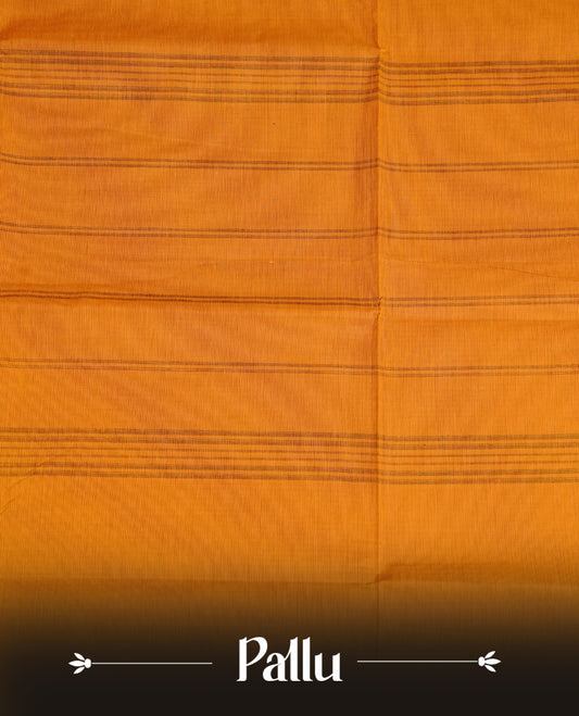 Mustrad colour chettinad cotton saree featuring Elegant plain body,Contrast Brown colour with Gold zari border, comes with matching blouse piece.